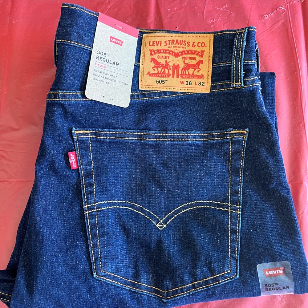 Levis 505 Regular Fit Jeans Mens 36x32 Dark Wash NWT